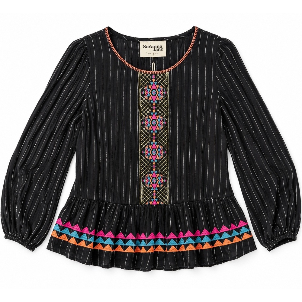 Savanna Jane S Black Boho Embroidered Southwestern Metallic Peplum Blouse